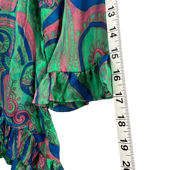 Anthropologie Trinity Blouse M Green Silk Paisley Sheer Ruffle Forest Fairy Top - Picture 10 of 13
